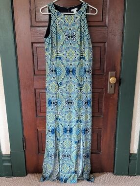 Blue and Green Paisley Patterned sleeveless Maxi Dress